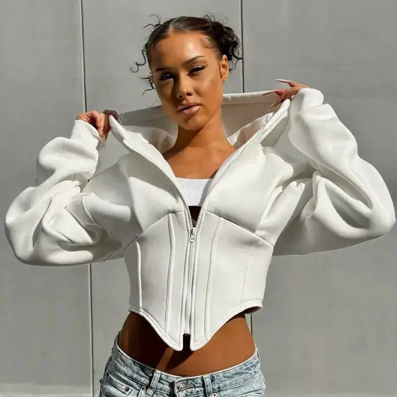 Women's plush long-sleeve zipper hooded cardigan from Plush Fashion Hub, featuring a cropped design and cozy hooded style.