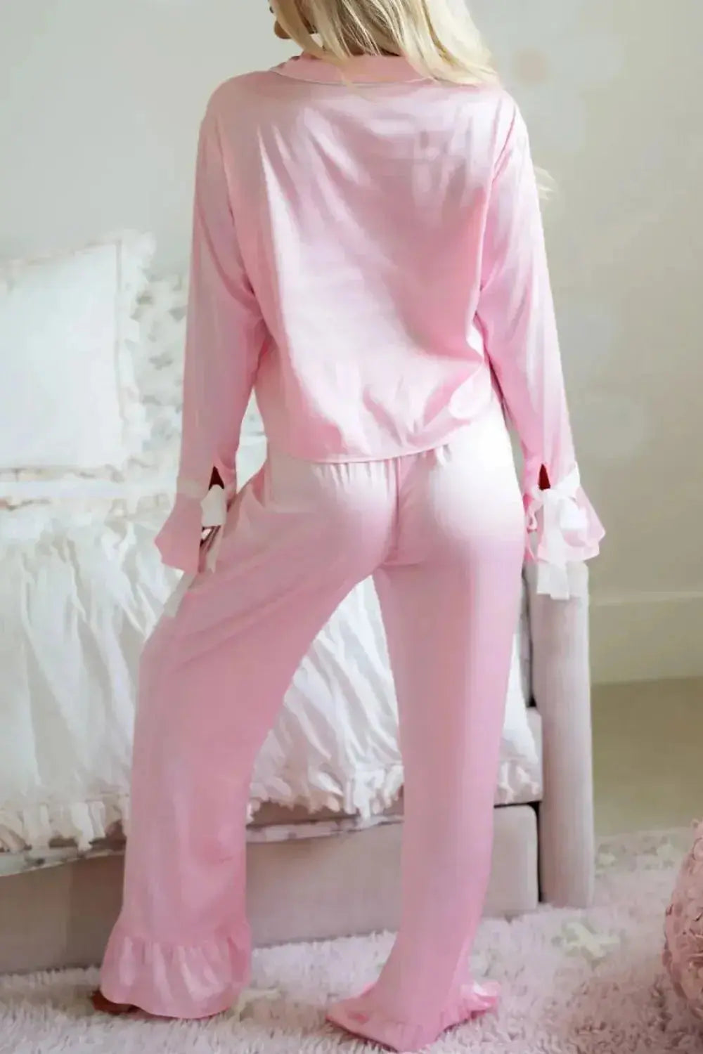 Women’s collared long sleeve lounge set by Trendsi, stylish two-piece pajama sleepwear, featuring a comfortable top and matching pants.
