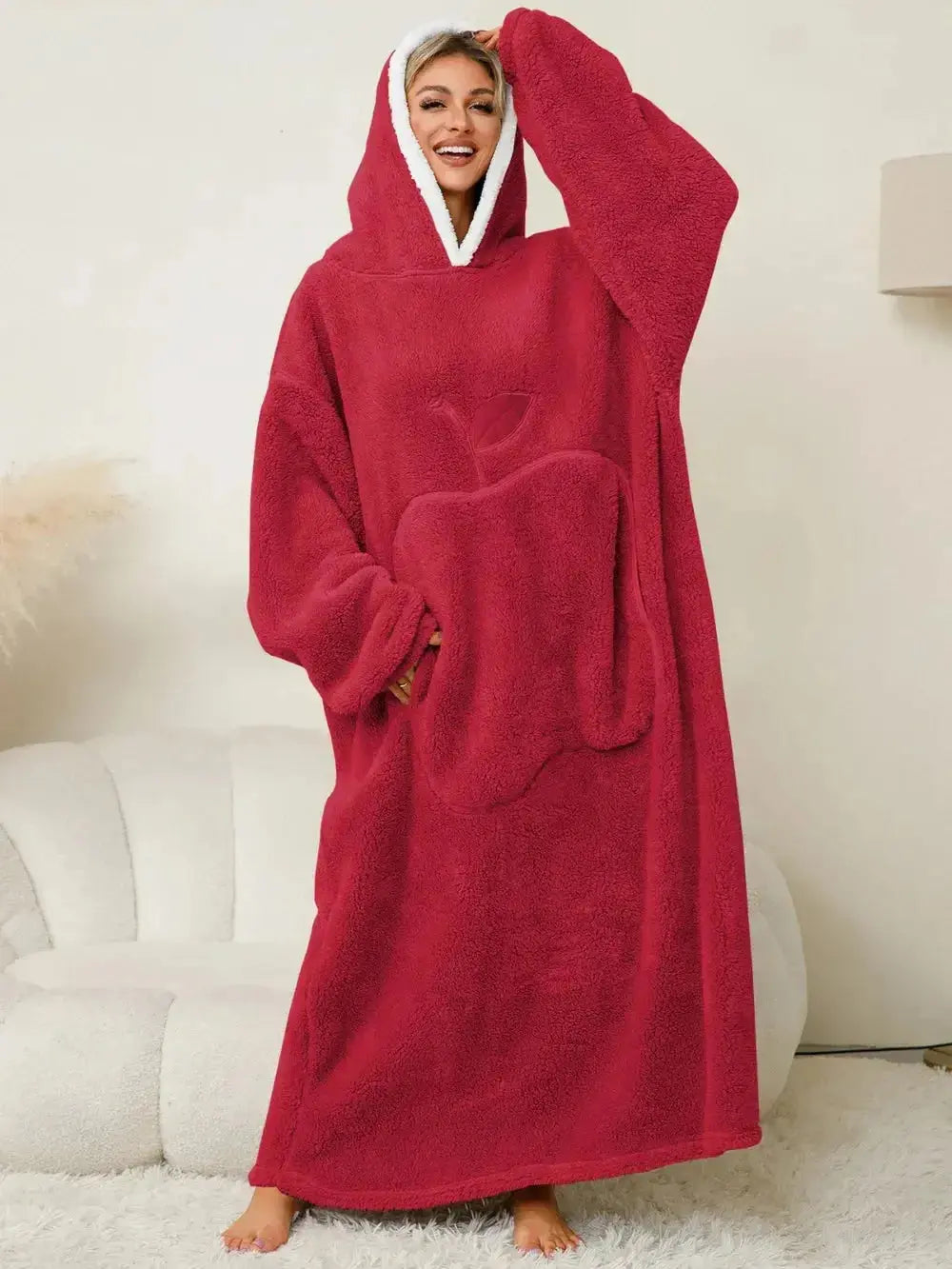 Women's contrast hooded long sleeve lounge dress with pockets, comfortable pajamas by Trendsi, ideal for relaxing at home.
