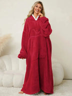 Women's contrast hooded long sleeve lounge dress with pockets, cozy pajamas by Trendsi, perfect for comfortable casual wear.