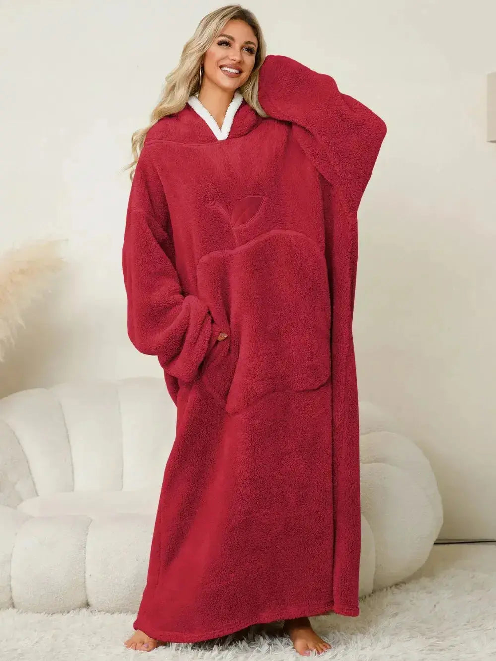 Women's contrast hooded long sleeve lounge dress with pockets, comfortable pajama style by Trendsi, soft fabric and casual fit.