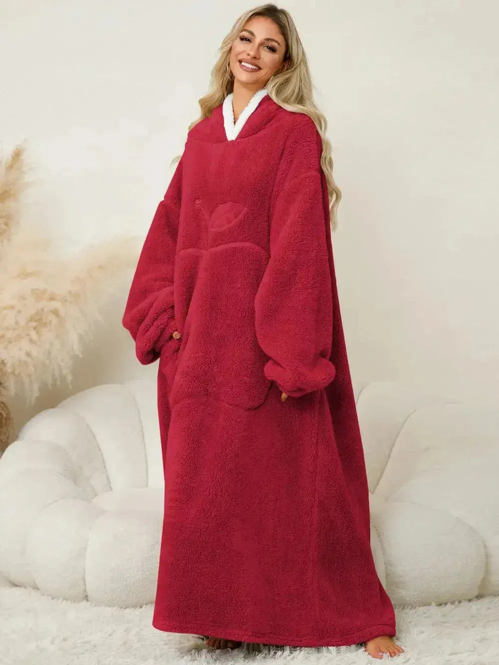 Women's contrast hooded long sleeve lounge dress with pockets, comfortable pajamas by Trendsi, casual and cozy sleepwear.