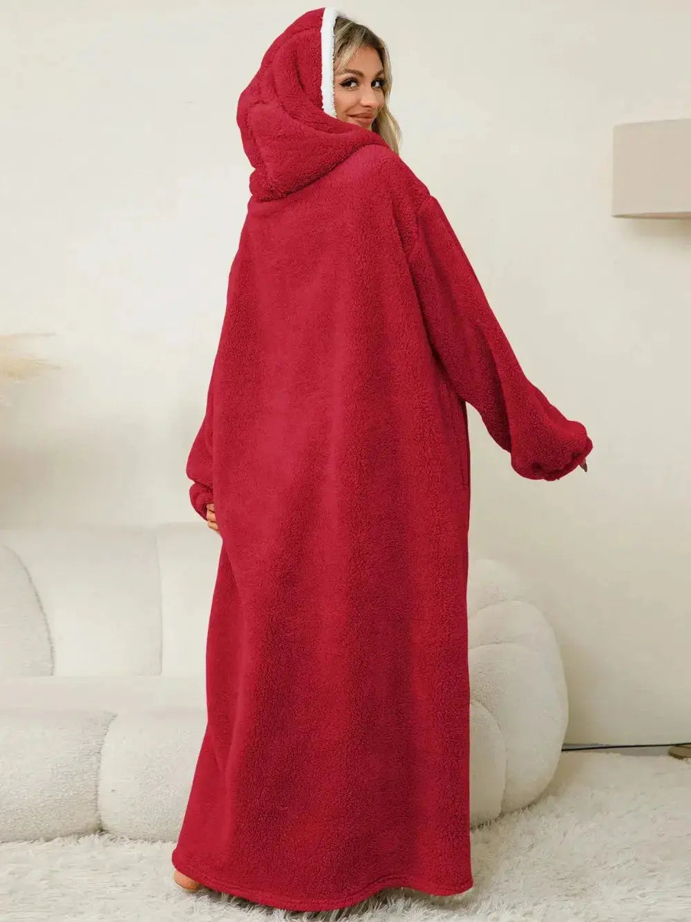 Women’s contrast hooded long sleeve lounge dress with pockets, cozy pajamas by Trendsi, casual and comfortable sleepwear.