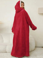 Women’s contrast hooded long sleeve lounge dress with pockets, cozy pajamas by Trendsi, casual and comfortable sleepwear.
