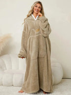 Women’s contrast hooded long sleeve lounge dress with pockets, made of soft fabric, perfect for cozy pajama wear.
