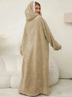 Women's contrast hooded long sleeve lounge dress with pockets, comfortable pajamas by Trendsi, ideal for relaxed indoor wear.