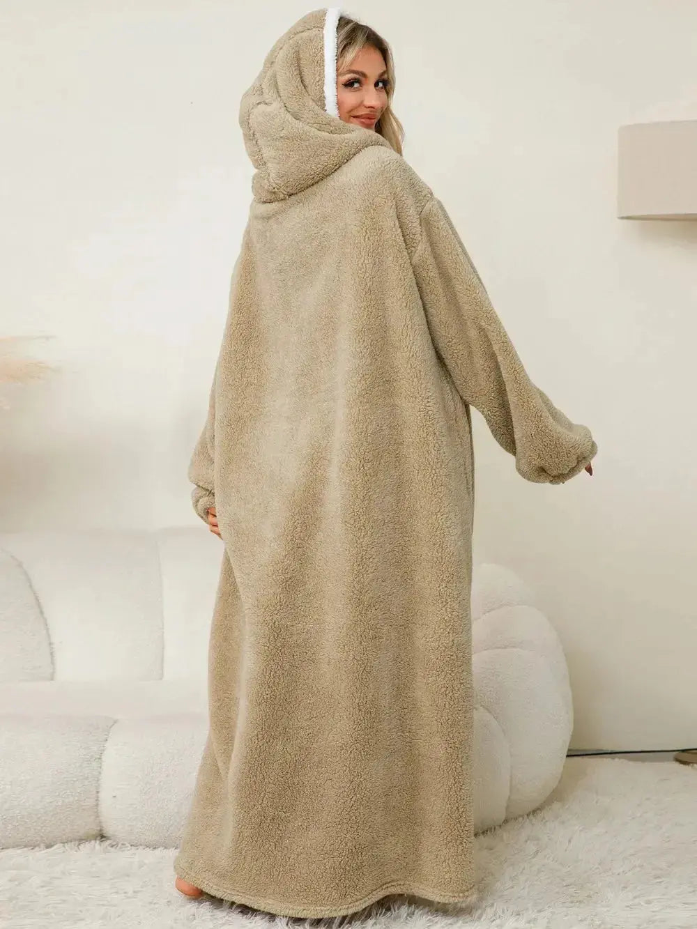 Women's contrast hooded long sleeve lounge dress with pockets, comfortable pajamas by Trendsi, ideal for relaxed indoor wear.
