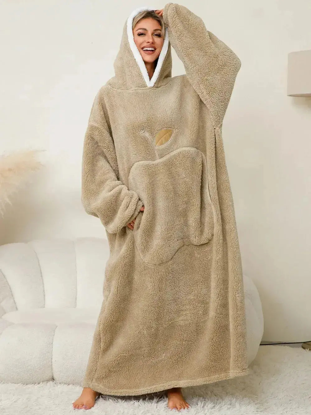 Women’s contrast hooded long sleeve lounge dress with pockets, stylish pajamas by Trendsi, perfect for comfortable casual wear.