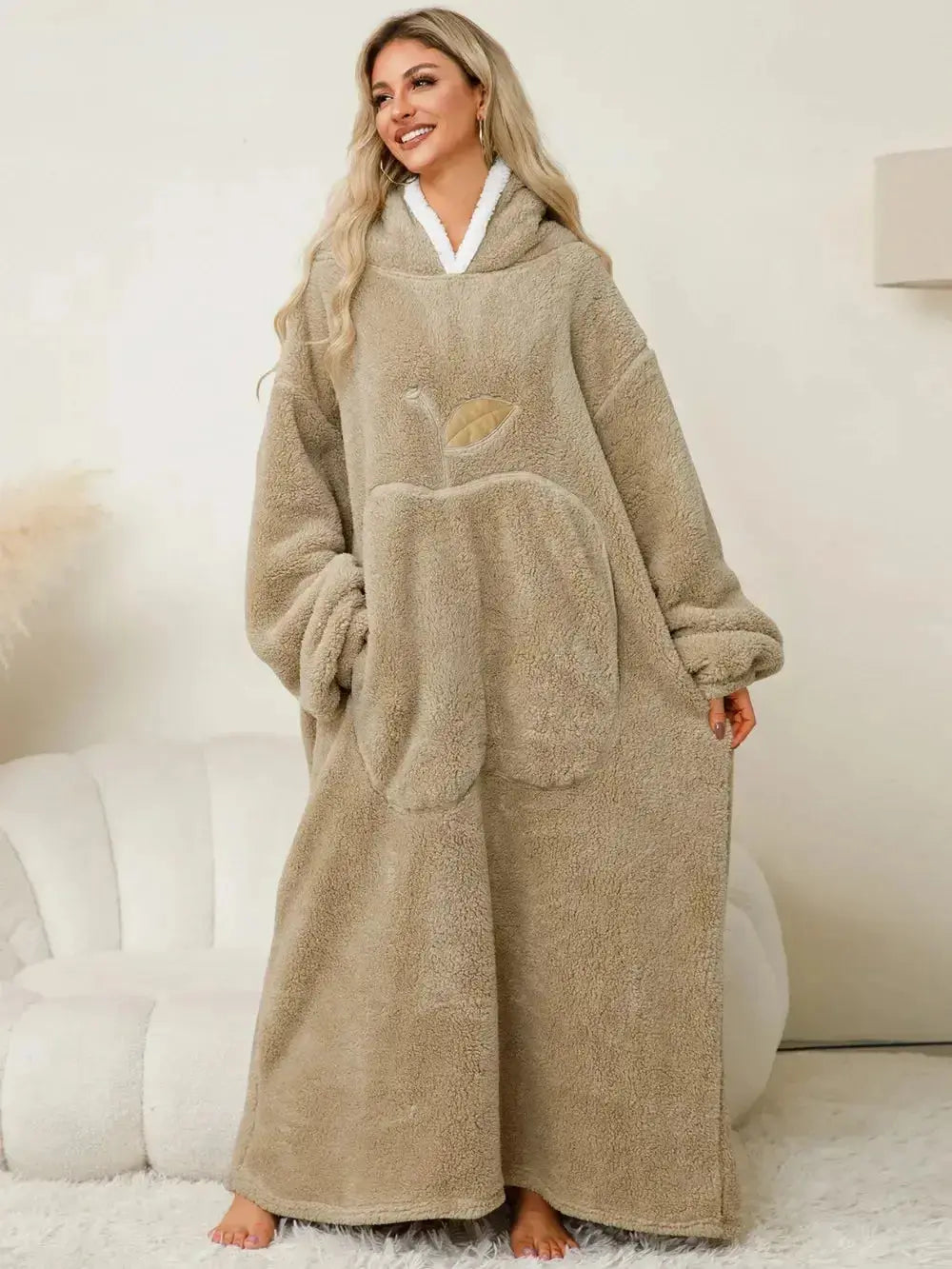 Women’s contrast hooded long sleeve lounge dress with pockets, casual pajama style by Trendsi, comfortable and stylish for relaxing.