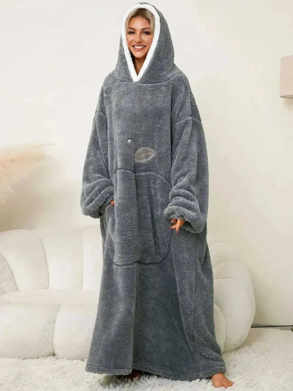Women’s contrast hooded long sleeve lounge dress with pockets, cozy pajamas by Trendsi, perfect for relaxed home wear.