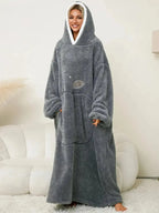 Women’s contrast hooded long sleeve lounge dress with pockets, cozy pajamas by Trendsi, perfect for relaxed home wear.