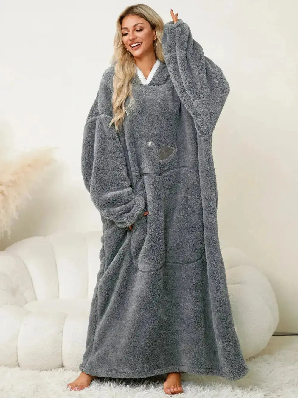Women's contrast hooded long sleeve lounge dress with pockets, stylish pajamas by Trendsi, soft, comfortable sleepwear for relaxation.