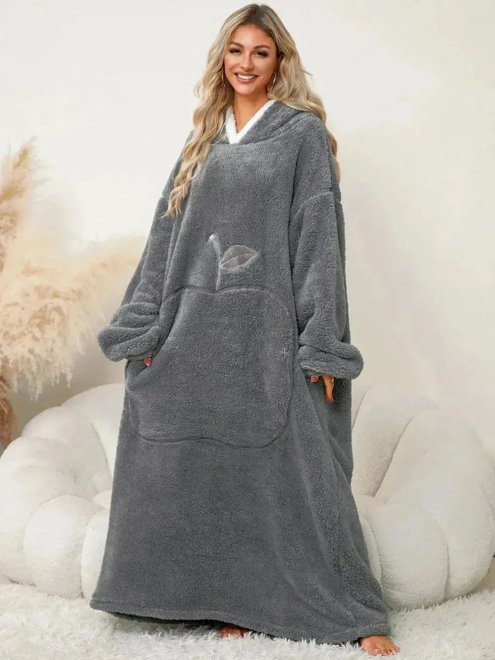 Women's contrast hooded long sleeve lounge dress with pockets, soft pajamas by Trendsi, perfect for cozy, casual wear.