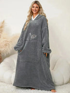 Women's contrast hooded long sleeve lounge dress with pockets, soft pajamas by Trendsi, perfect for cozy, casual wear.