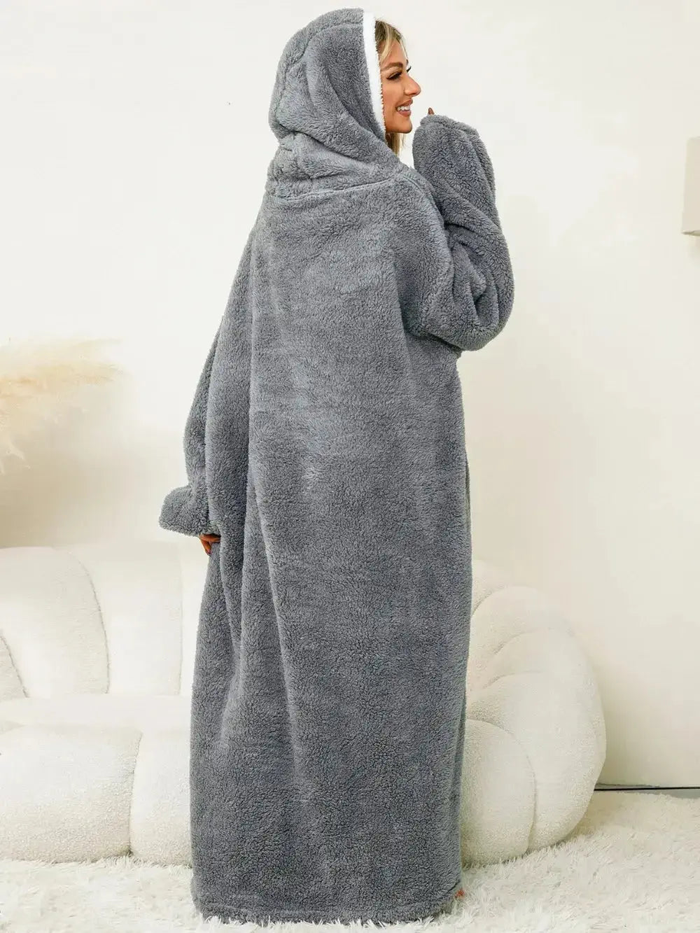 Women's contrast hooded long sleeve lounge dress with pockets, cozy pajamas by Trendsi, ideal for relaxed home wear.