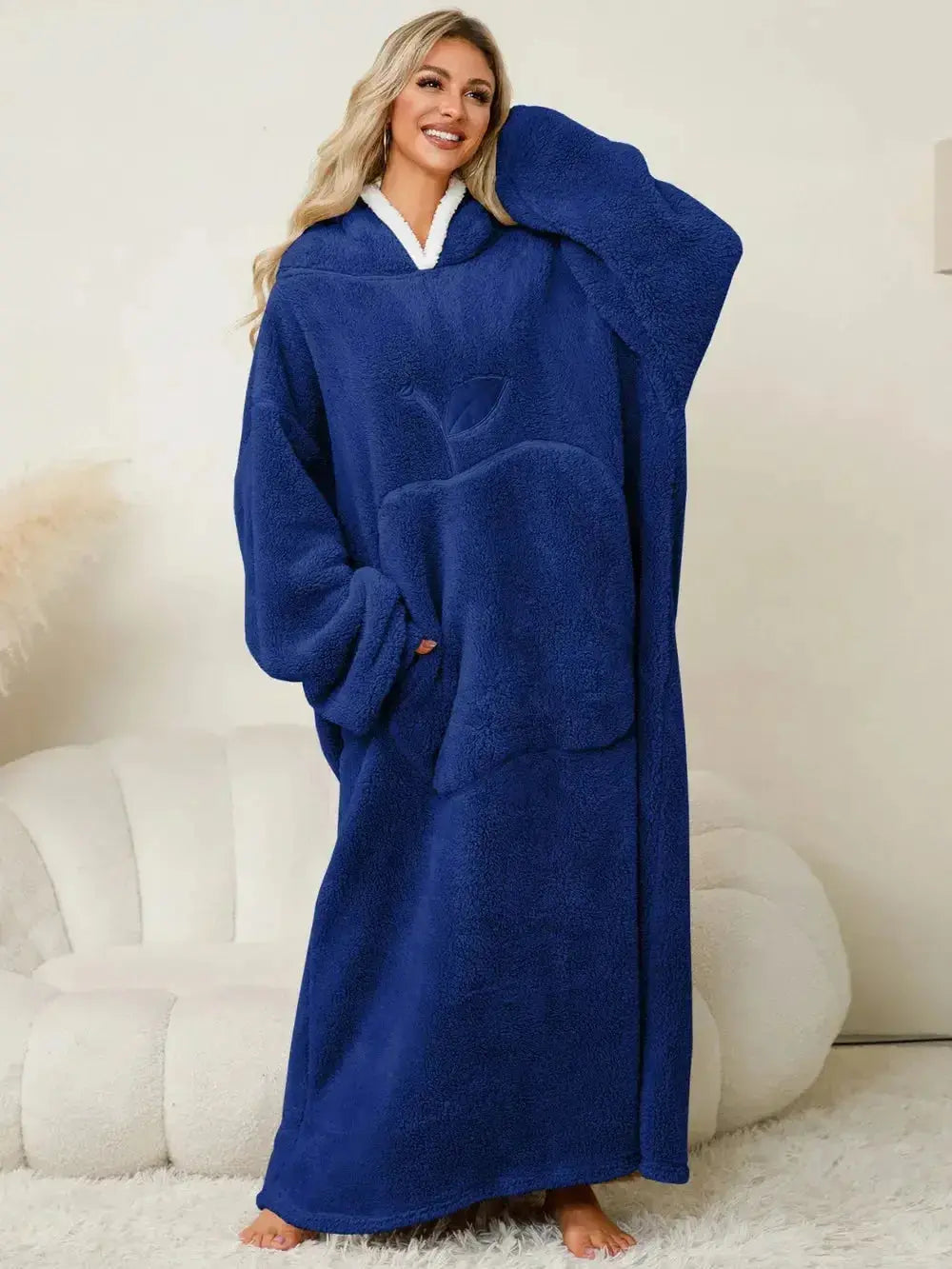 Women's contrast hooded long sleeve lounge dress with pockets, cozy pajama style by Trendsi, perfect for relaxed comfort.