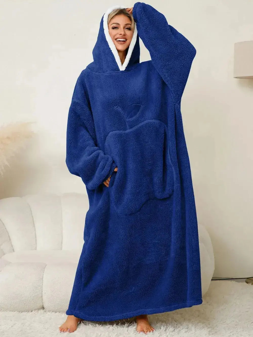 Women's contrast hooded long sleeve lounge dress with pockets, comfortable pajama style by Trendsi, shown in soft fabric and relaxed fit.