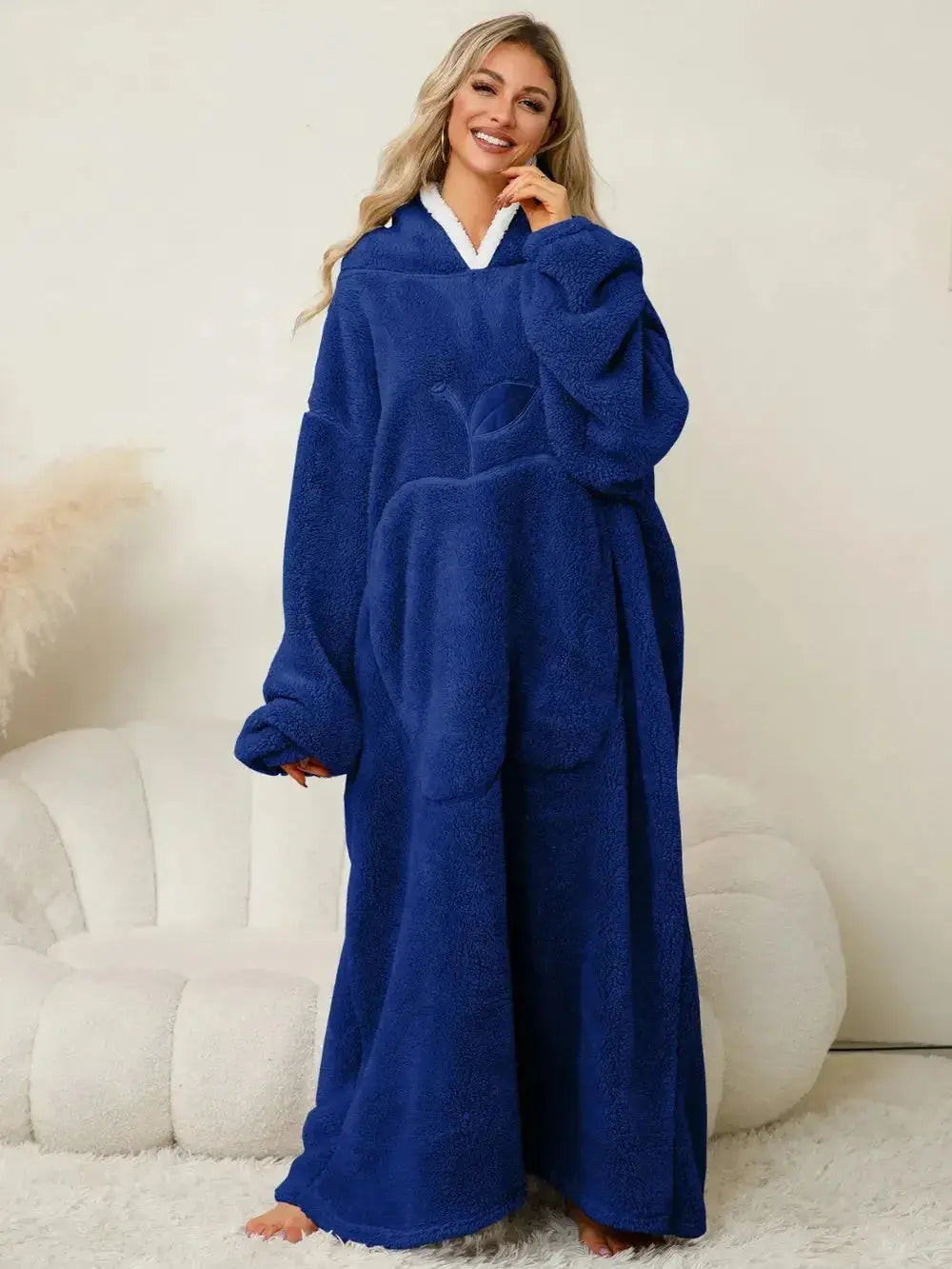 Women’s contrast hooded long sleeve lounge dress with pockets, stylish pajamas from Trendsi, comfortable and casual for relaxing wear.