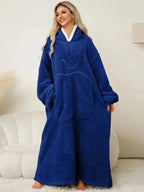 Women's contrast hooded long sleeve lounge dress with pockets, casual pajamas by Trendsi, comfortable and stylish for relaxation.