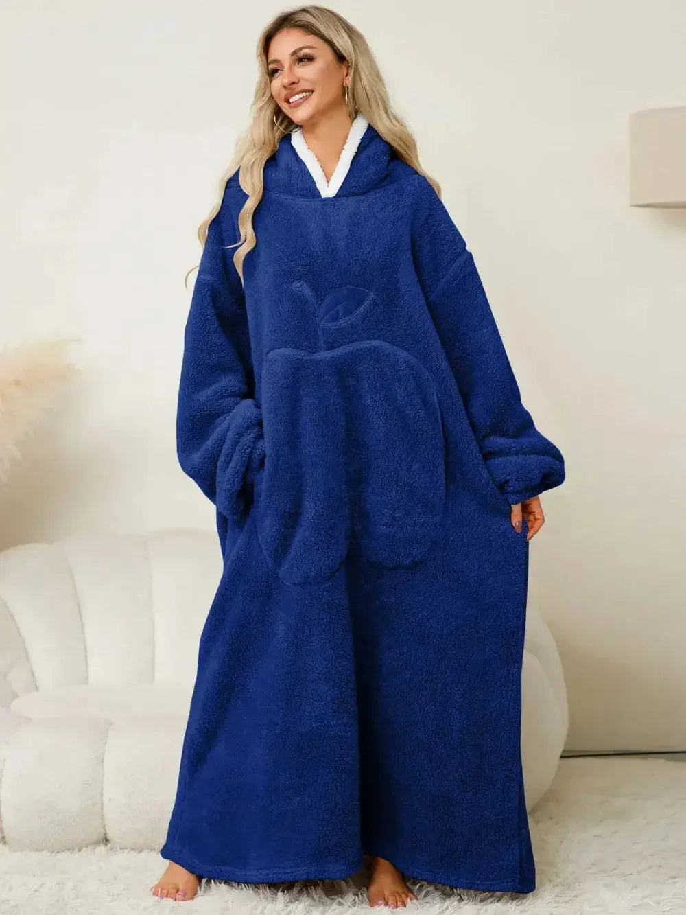 Women's contrast hooded long sleeve lounge dress with pockets, casual pajamas by Trendsi, comfortable and stylish for relaxation.