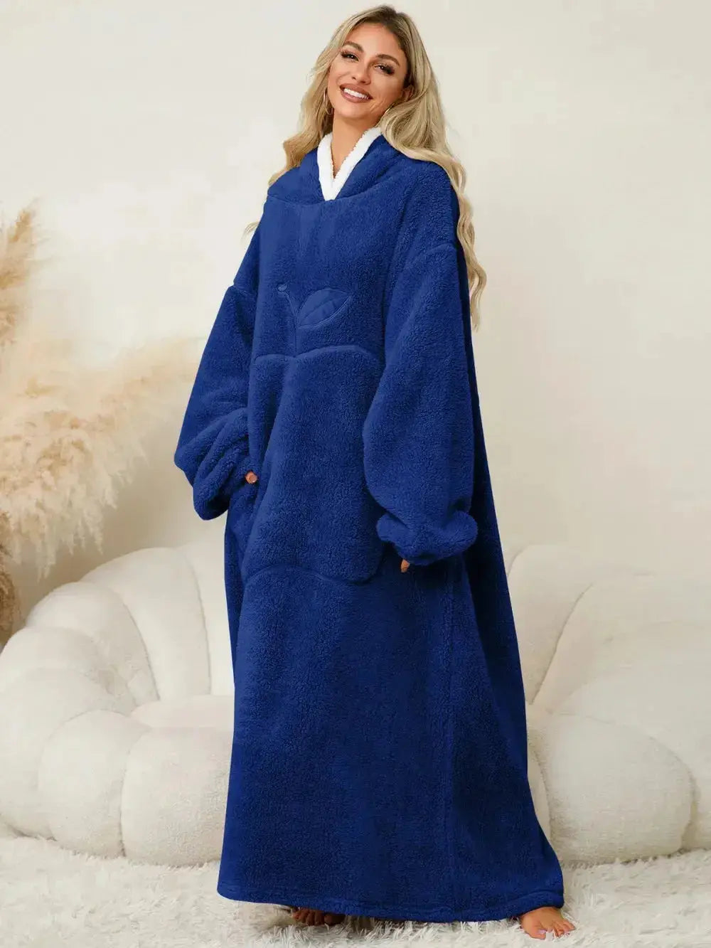 Women's contrast hooded long sleeve lounge dress with pockets, comfortable pajamas by Trendsi, featuring a relaxed fit and stylish design.