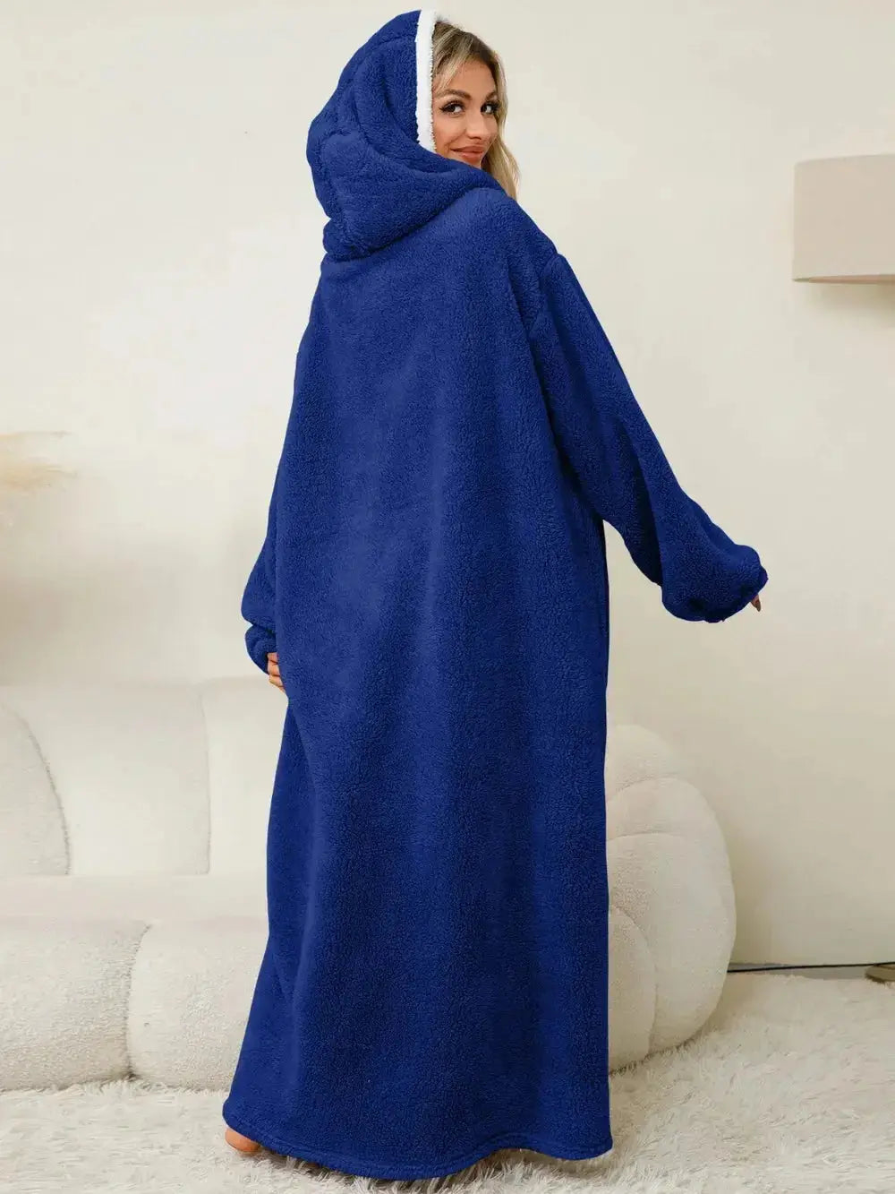 Women's contrast hooded long sleeve lounge dress with pockets, cozy pajama style by Trendsi, perfect for relaxing at home.
