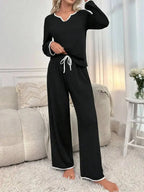 Women’s contrast trim long sleeve pajama set from Trendsi, soft stretch loungewear with comfortable fit and stylish design.