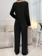 Women’s contrast trim long sleeve pajama set in soft stretch loungewear, featuring comfortable fabric and stylish design.
