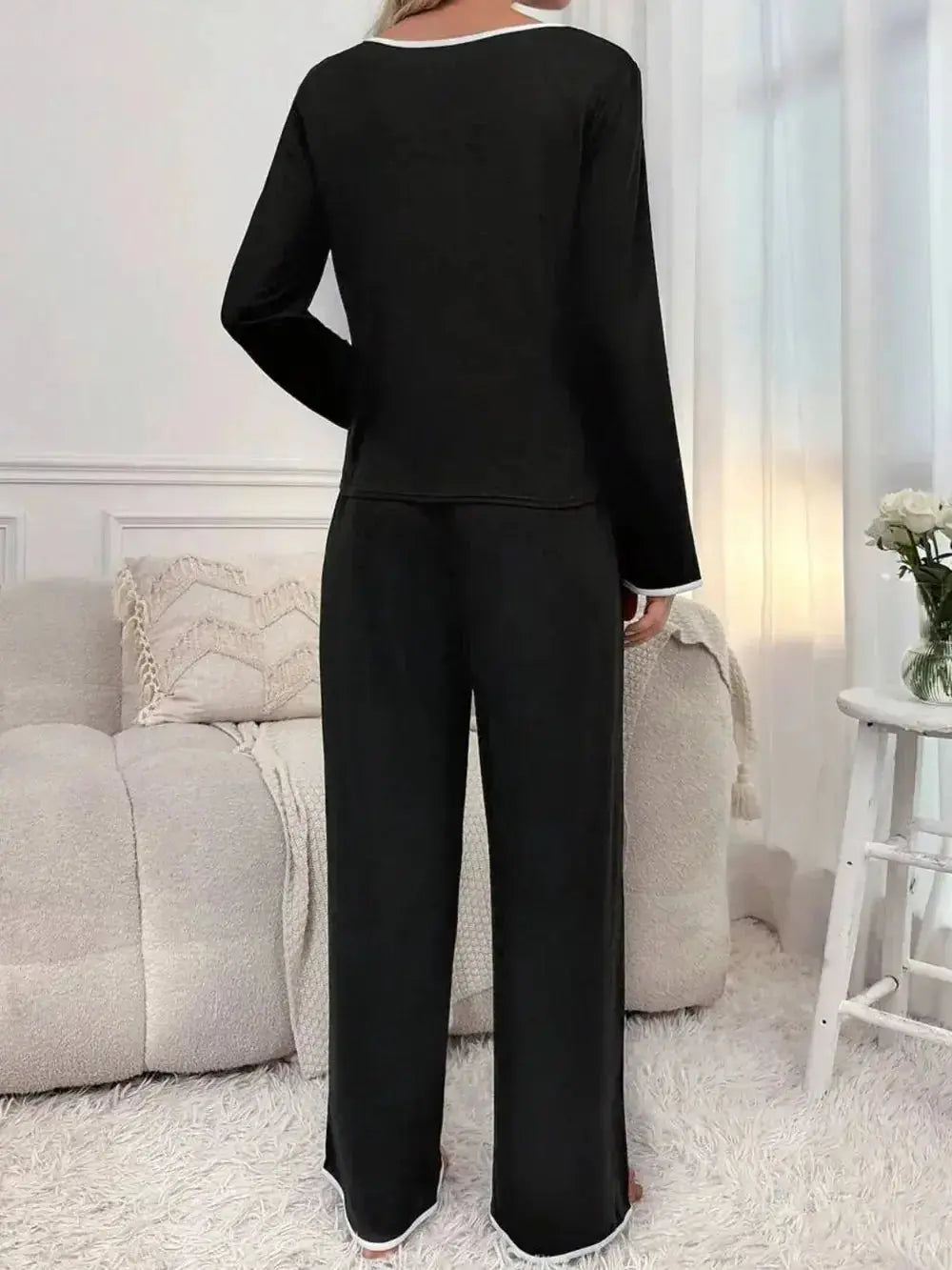 Women’s contrast trim long sleeve pajama set in soft stretch loungewear, featuring comfortable fabric and stylish design.