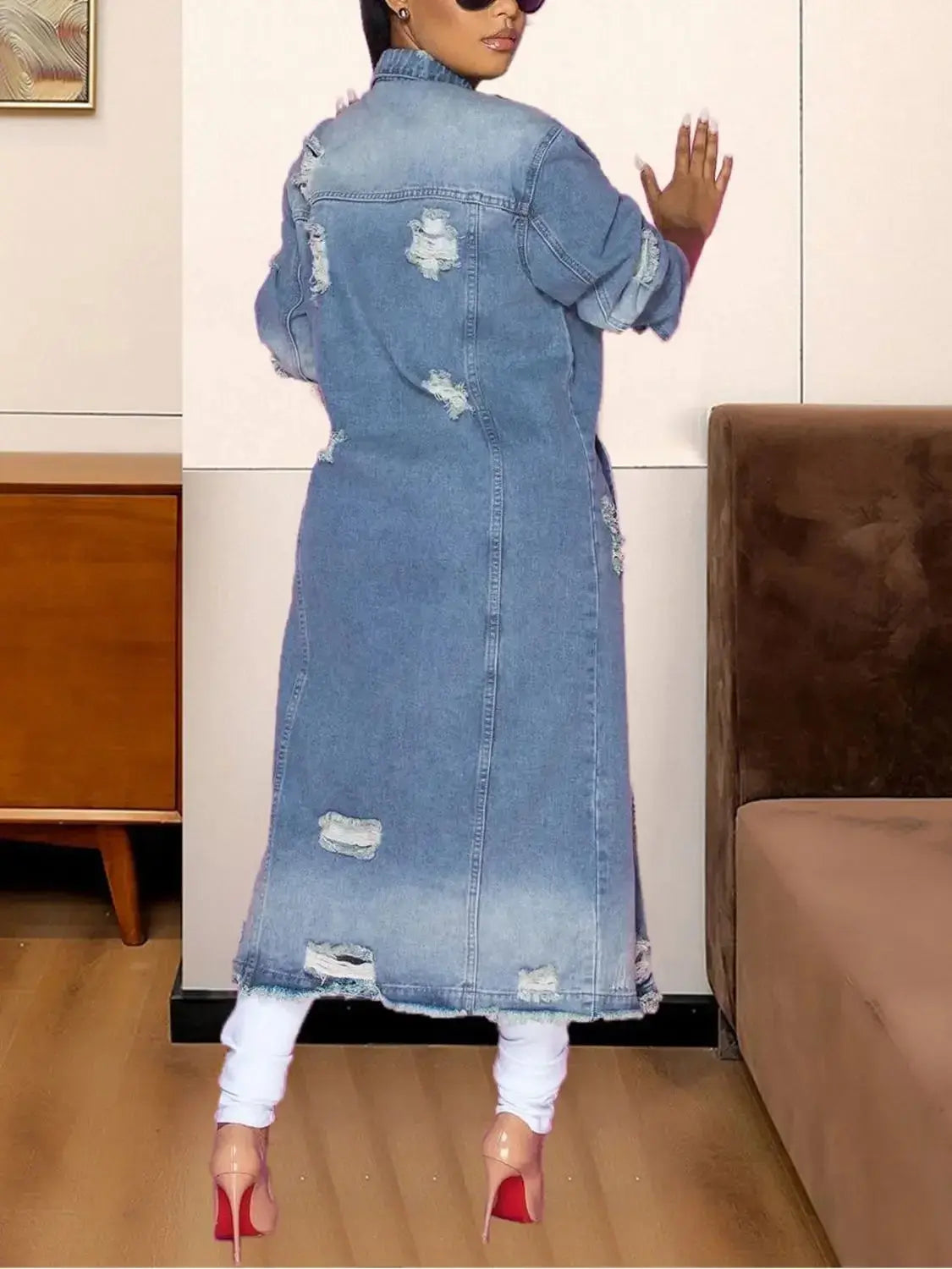 Women’s distressed raw hem cotton denim jacket with long sleeves, classic fit, and trendy design by Plush Fashion Hub.