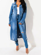 Women's distressed raw hem denim jacket with long sleeves, classic cotton jean style, by Trendsi, shown on a model.