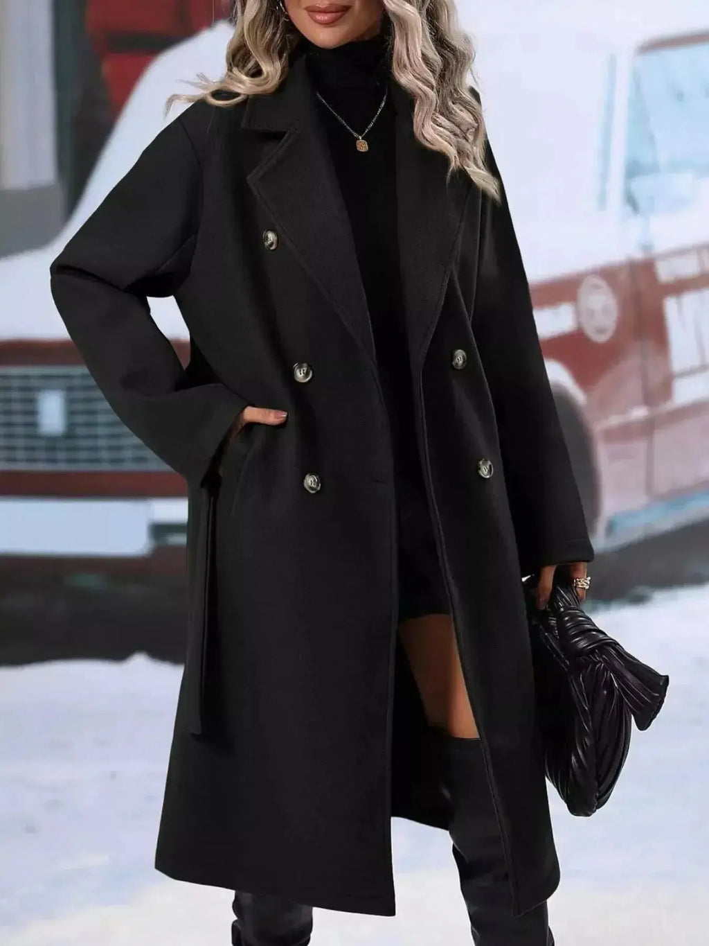Women's double-breasted trench coat with tie waist belt, stylish outerwear from Trendsi, shown on a model.