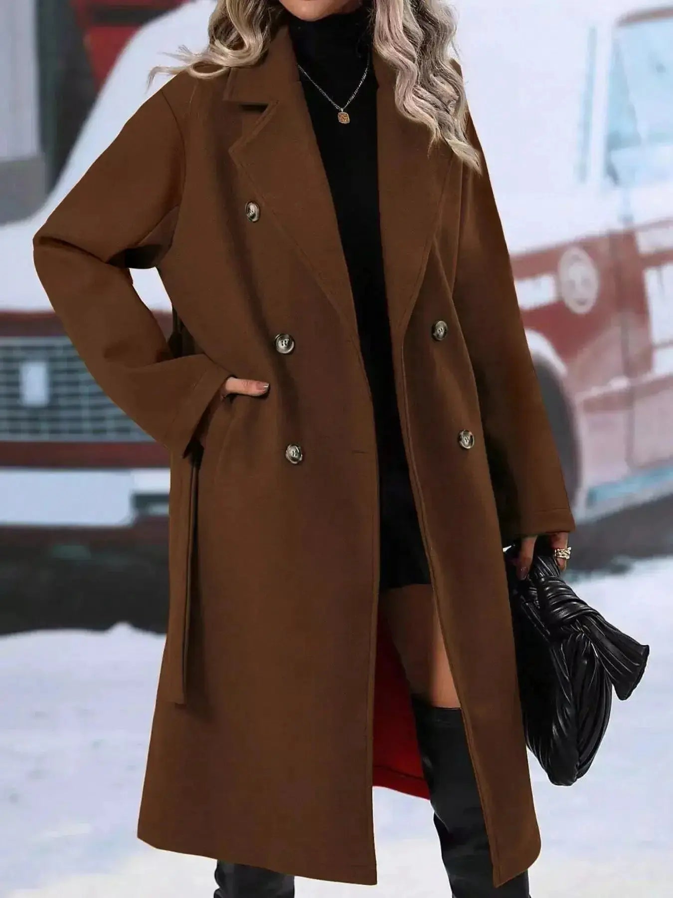 Women’s double-breasted trench coat with tie waist belt, stylish outerwear by Trendsi, shown on a model.