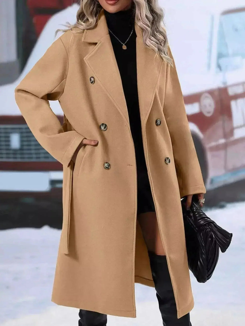 Women’s double-breasted trench coat with tie waist belt, stylish outerwear from Trendsi, featuring classic design and tailored fit.
