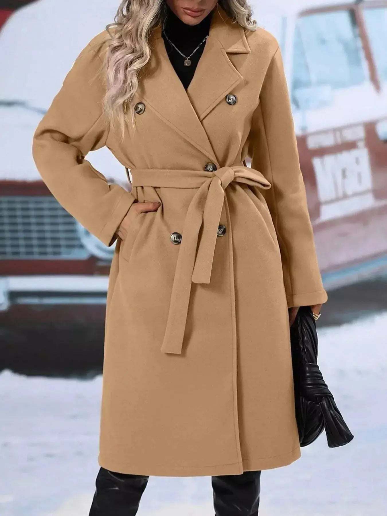 Women’s double-breasted trench coat with tie waist belt, stylish outerwear from Trendsi, shown on a model.