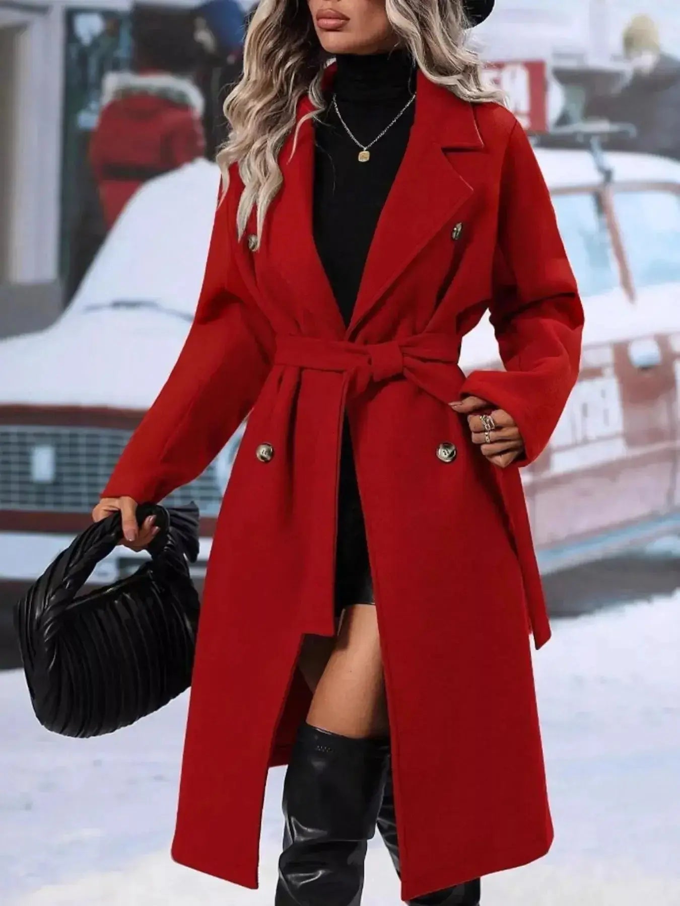 Women's double-breasted trench coat with tie waist belt, stylish outerwear from Trendsi, shown in a full-length view.