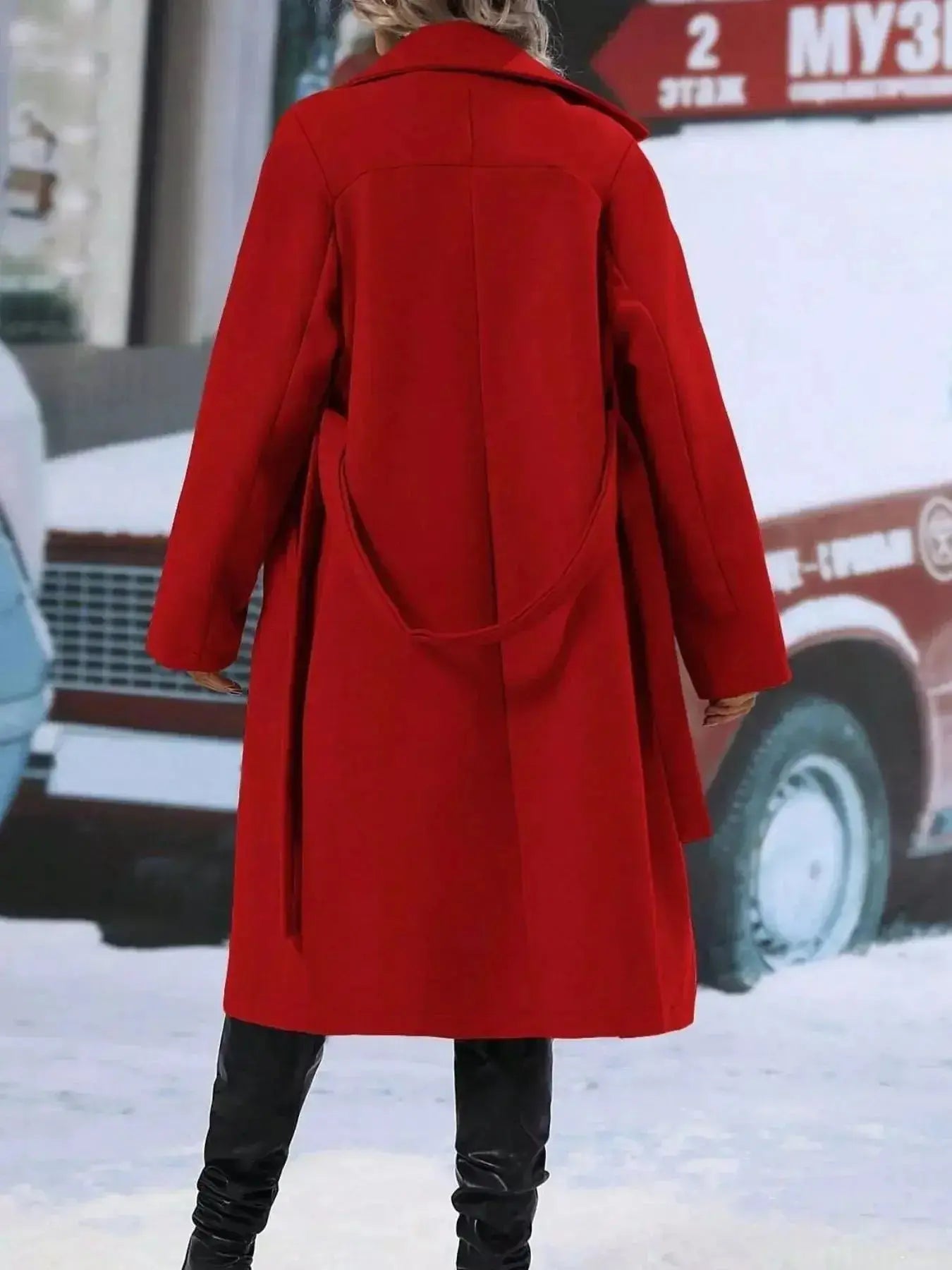 Women’s double-breasted trench coat with tie waist belt, stylish outerwear from Trendsi featuring classic design and neutral color.