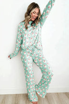 Women’s festive Santa print long sleeve pajama lounge set by Plush Fashion Hub, featuring cozy holiday-themed pajamas.