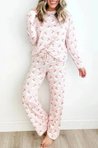 Women's festive Santa print long sleeve pajamas lounge set by Plush Fashion Hub, featuring holiday-themed cozy sleepwear.