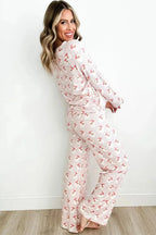 Women’s Santa print long sleeve pajama lounge set by Plush Fashion Hub, cozy festive pajamas with Christmas-themed design.