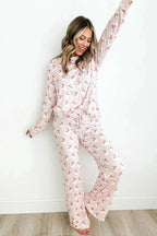 Women’s Santa print long sleeve pajamas lounge set by Plush Fashion Hub, featuring festive holiday-themed design and comfortable fit.