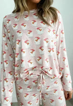 Women's festive Santa print long sleeve pajamas lounge set by Plush Fashion Hub, cozy holiday sleepwear for women.