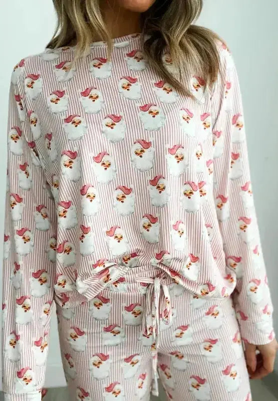 Women's festive Santa print long sleeve pajamas lounge set by Plush Fashion Hub, cozy holiday sleepwear for women.