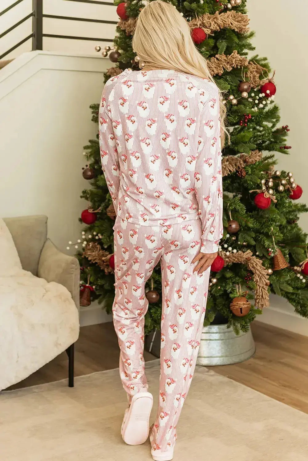 Women’s festive Santa print long sleeve pajamas lounge set by Plush Fashion Hub, cozy holiday sleepwear for women.