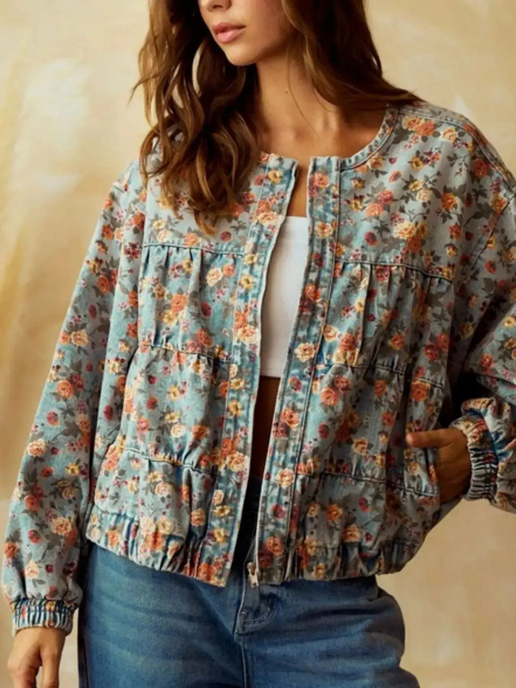 Women's floral print cropped denim jacket with zip-up front, cotton blend utility coat, featuring floral details and a stylish fit.
