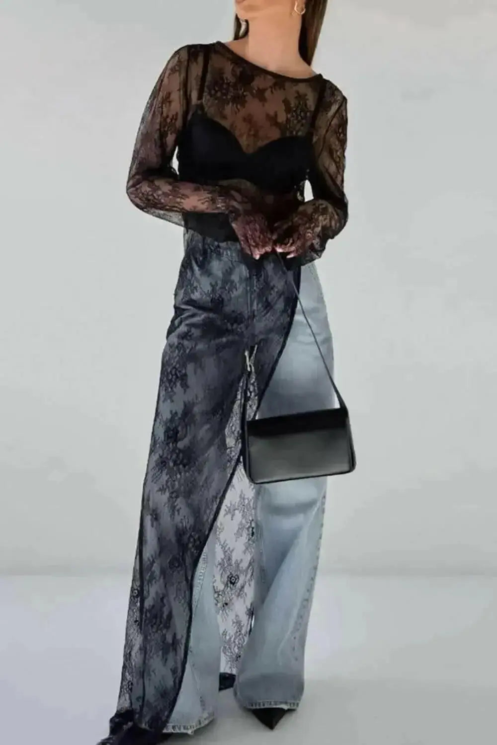 Women’s fringe lace sheer long sleeve blouse with floral pattern from Plush Fashion Hub, elegant and stylish top.