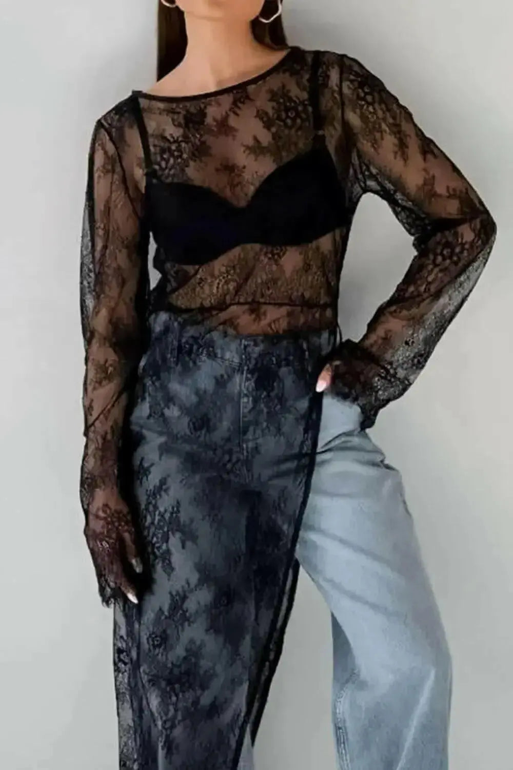 Women’s fringe lace sheer long sleeve blouse with floral pattern, stylish top by Plush Fashion Hub.