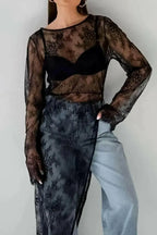 Women’s fringe lace sheer long sleeve blouse with floral pattern, stylish top by Plush Fashion Hub.