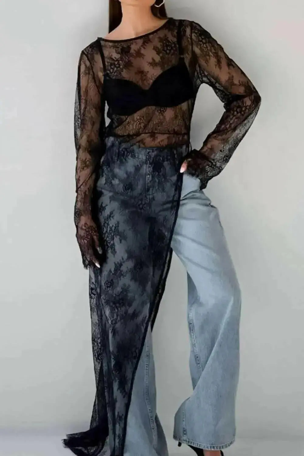Women's fringe lace sheer long sleeve blouse with floral pattern from Plush Fashion Hub, elegant and stylish top.