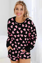 Women’s heart print long sleeve pajama set featuring a cozy two-piece plush lounge set by Trendsi.